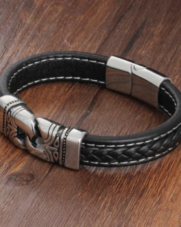 Pulseira Masculina Tribal Couro e Aço (BA101882)